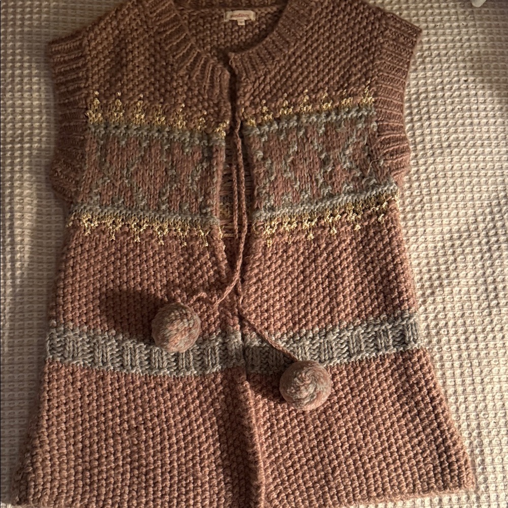 Sundance Dusty Rose Knit Pom-Pom Sweater Vest with Gray and Yellow Accents
